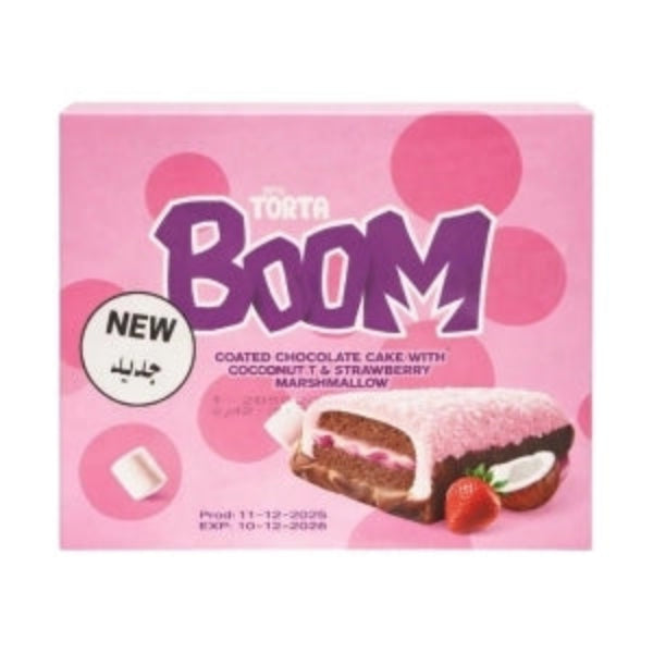 Torta Boom Coated Chocolate Cake With Coconut & Strawberry Marshmallow (Box of 12 x 40g)
