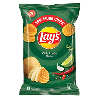 A package of Lay's Chile Limon flavored potato chips. The bag is predominantly green with images of the chips, lime, and chili spice.